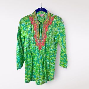 Lilly Pulitzer Palm Dress Lightweight Coverup U-line Vneck Sz S Blue Green Pink